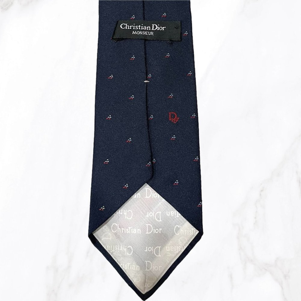 Vintage Christian Dior Navy Blue Silk Blend Graphic Tie, OS - Picture 4 of 5